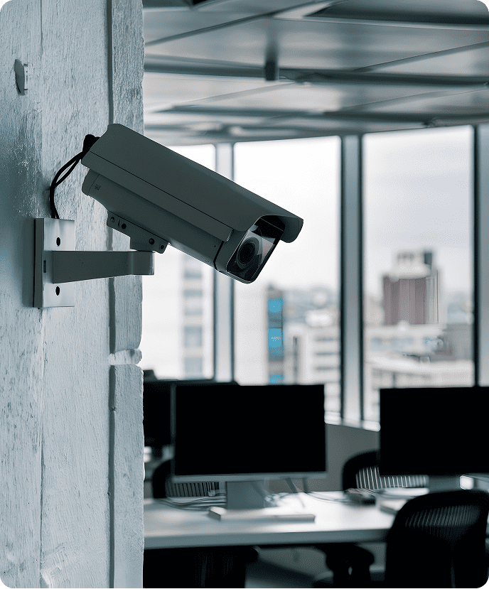 Caméra de vidéosurveillance grise installée sur un pilier face à une salle informatique