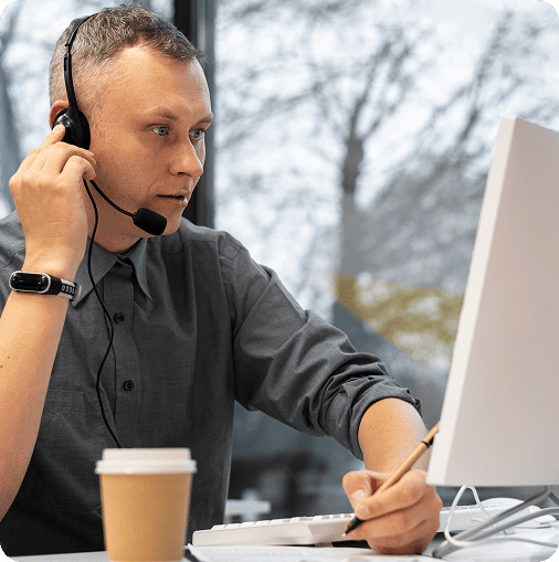 Agent de support technique avec casque prenant des notes devant son écran d'ordinateur