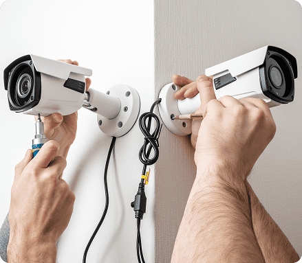 Mains d'un installateur professionnel ajustant deux caméras de sécurité sur un mur blanc