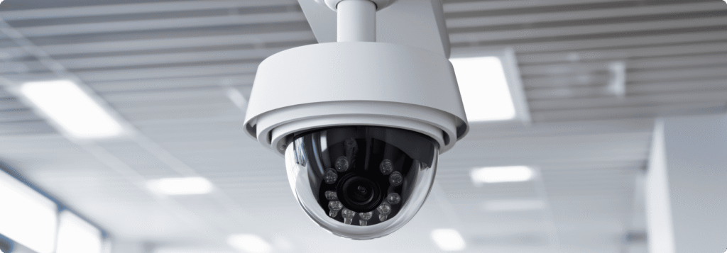 Caméra de vidéosurveillance dôme blanche installée au plafond d'un couloir professionnel lumineux