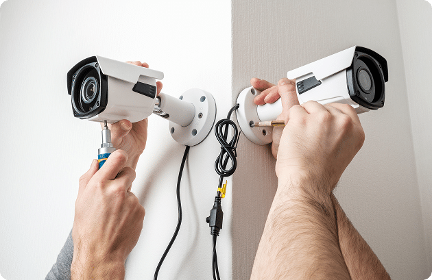 Mains de techniciens experts installant et ajustant des caméras de sécurité